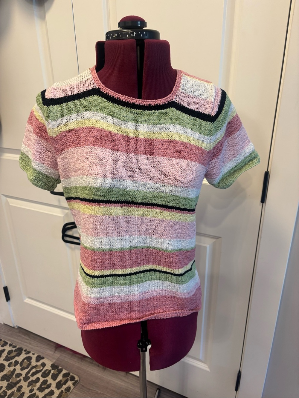 Vintage Knit Short Sleeve Top in Pink, Green & White. Fits M
